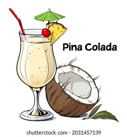 Pina Colada cocktail, hand drawn alcohol drink with coconut, pineapple slice and cherry. Vector illustration on white background