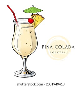 Pina Colada cocktail, hand drawn alcohol drink with pineapple slice and cherry. Vector illustration on white background