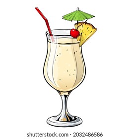 Pina Colada cocktail, hand drawn alcohol drink with pineapple slice and cherry. Vector illustration on white background