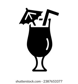 Pina colada cocktail icon, black silhouette shape on white. Drink in tulip glass with straw and umbrella, stencil style. Vector element for web design or logo, illustration of alcoholic beverage.