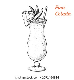 Pina Colada cocktail illustration. Alcoholic cocktails hand drawn vector illustration. Sketch style. 