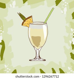 Pina Colada cocktail illustration. Alcoholic bar drink hand drawn vector. Pop art