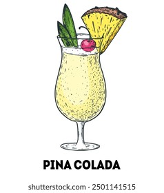 Pina Colada cocktail illustration. Hand drawn sketch. Vector illustration. Isolated object.