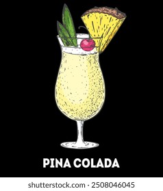 Pina Colada cocktail illustration. Hand drawn sketch. Vector illustration. Isolated object.