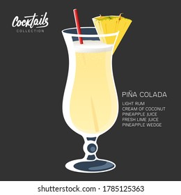 Ilustración de cóctel de Pina Colada aislada en negro. Vidrio alcohólico con paja roja y cuña de piña ilustraciones vectoriales dibujadas a mano