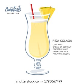 Pina Colada cocktail illustration isolated on white. Alcoholic drink glass with red straw and pineapple vector illustration