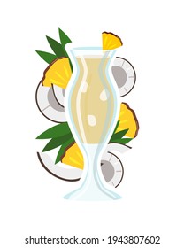 Pina colada cocktail illustration with pineapple and coconut