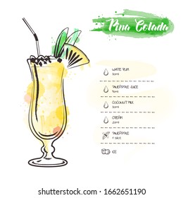 Pina Colada. Cocktail infographic set. Vector illustration. Colorful watercolor background