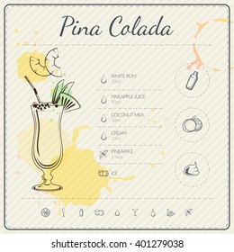 Pina Colada. Cocktail infographic set. Vector illustration. Colorful watercolor background