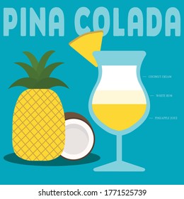 Pina colada cocktail ingredient poster with drink in glass and fruit on side.