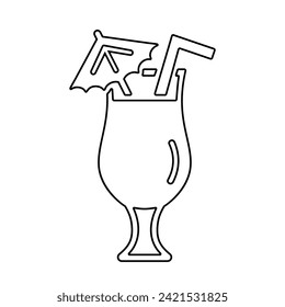 Pina colada cocktail line icon, black outline on white. Drink in tulip glass with straw and umbrella. Vector clipart sign for web design or logo, illustration of alcoholic beverage.