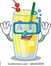 Pina colada cocktail mascot design swims with diving glasses