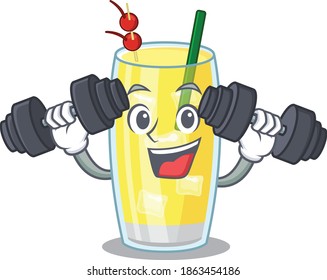 Pina colada cocktail mascot design feels happy lift up barbells during exercise
