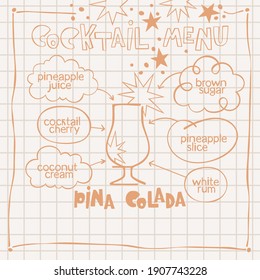 Pina colada. Cocktail menu. Alcoholic cold drinks. Recipe. Lettering, arrows, dialog clouds. Stars and dots, blots. Gray checkered background. Isolated vector objects. Cartoon glass. 