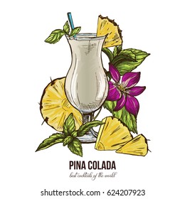 Pina colada cocktail, mint leaves and orchid flower; vector illustration, colored hand drawn sketch