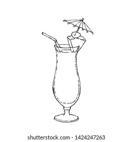 Pina Colada Cocktail monochrome vector sketch illustration