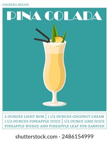 Pina colada cocktail on the blue background. Vector illustration of summer refreshing drink. Tropical cocktail recipe poster