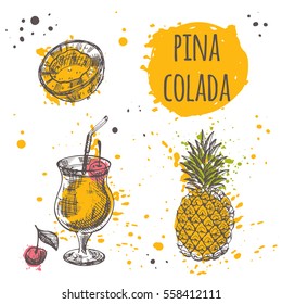 Pina Colada Cocktail On The Watercolor Splash. Hand Drawn Vector Illustration. Can Be Used For Menu, Bar, Cafe, Restaurant, Poster, Banner, Sticker, Placard And Other.