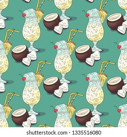 Pina colada cocktail pattern. Summer tropical fresh drink. Coconut, pineapple, ice, juice, cherry.
