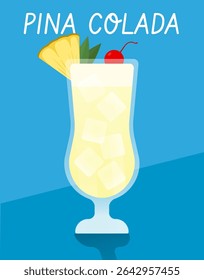 Pina Colada cocktail with pineapple garnish and cherry on light blue background. Tropical vector perfect for summer-themed illustrations.
