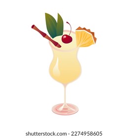 Pina Colada cocktail with pineapple slice, straw and cherry. A glass of alcoholic drink isolated on white background. Vector illustration.