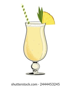 Pina Colada cocktail with pineapple slice. Hand drawn alcohol cocktail. Vector illustration