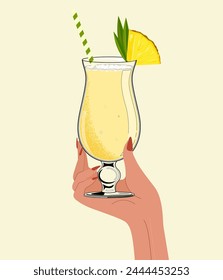 Pina Colada cocktail with pineapple slice. Hand drawn alcohol cocktail. Retro style. Vector illustration