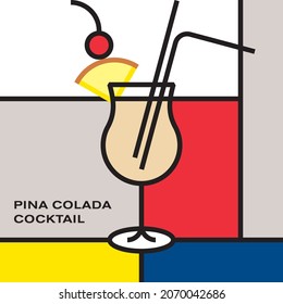 Pina colada cocktail in Poco Grande hurricane glass with drinking straw, garnish with pineapple wedge, maraschino cherry. Modern style art with rectangular color blocks. Piet Mondrian style pattern.