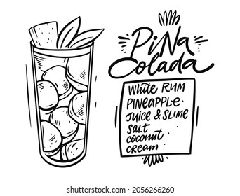 Pina colada cocktail recipe. Hand drawn black color outline style. Vector illustration.