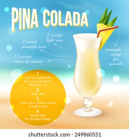 Pina colada cocktail recipe poster with drink in glass and indredients list vector illustration