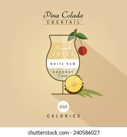 pina colada cocktail recipe vector illustration in trendy retro hipster flat design style