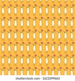Pina Colada Cocktail seamless pattern. Hand drawing sketch outlines on orange background can be printed on textile, wallpaper, wrapping paper, greeting cards, used in logo, banner, landing page