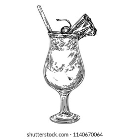 Pina colada cocktail with straw, cherry and pineapple slice. Sketch. Engraving style. Vector illustration.