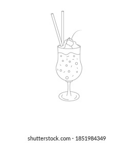 Pina Colada cocktail with straw and cherry.Line icon. Vector.