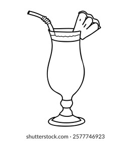 Pina Colada Cocktail with Straw and Pineapple slice. Tropical Summer Alcoholic Drink in Hurricane glass. Hand drawn Vector illustration in Doodle style isolated on background. For Beach Bar menu, card