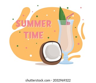 Pina colada cocktail. Summer drink. Coconut. Flat vector illustration