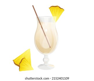 Pina Colada cocktail In a tall glass.Summer tropical cocktail with a slice of pineapple .Vector illustration.