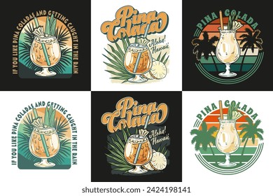 Pina Colada cocktail tee print vector set with splashes and slice of pineapple for cocktail bar or drink summer party. Pina alcohol cocktail collection lettering with rum for beach bar and cafe menu.