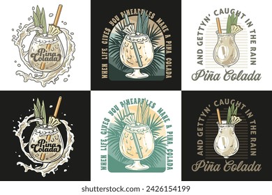 Pina Colada Cocktail Tee Print Vektor-Set mit Spritzer und Scheibe Ananas für Cocktail-Bar oder trinken Sommerparty. Pina Alkohol Cocktail Collection Schriftzug mit Rum für Strandbar und Café Menü.