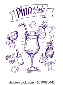 Pina colada cocktail. Vector illustration.