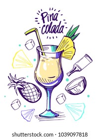 Pina colada cocktail. Vector illustration.