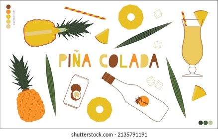 Pina Colada cocktail vector illustrations set. Simple lines, color. Minimal style. Stylized elements. Fruit and leaves. Pinapple color palette. 