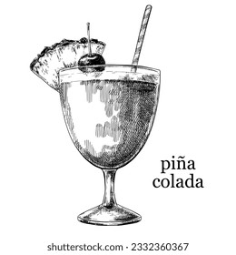 Pina colada cocktail vector sketch vintage food illustration.