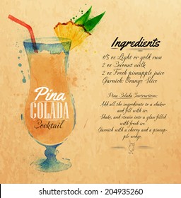 Pina colada cocktails drawn watercolor blots and stains with a spray, including recipes and ingredients on the background of kraft