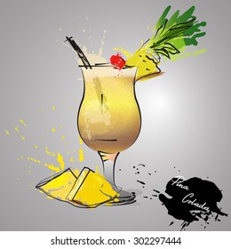 Pina colada cocktails drawn watercolor blots and stains with a spray, including recipes and ingredients on the background of crumpled paper