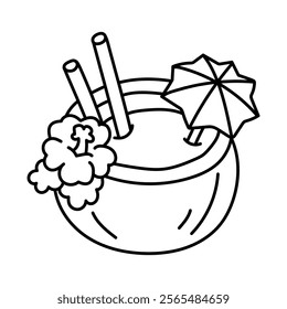 Pina colada, coconut, beach cocktail. Black and white illustration, hand drawn coloring.