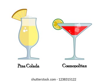 Pina Colada and Cosmopolitan cocktail. Vector illustration. Flat design