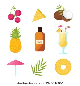 Pina Colada drink ingredients, set of elements. Pina Colada recipe