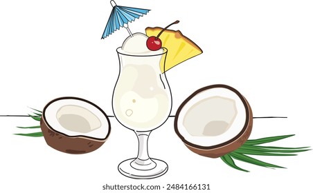 Pina colada drink summer cocktail, hand drawnvector illustration 