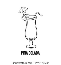 Pina colada glass black and white hand drawn illustration. Tropical alcoholic drink with umbrella, straw. Beach cocktail. Cocktail with pineapple slice ink drawing. Bar menu, poster design element
